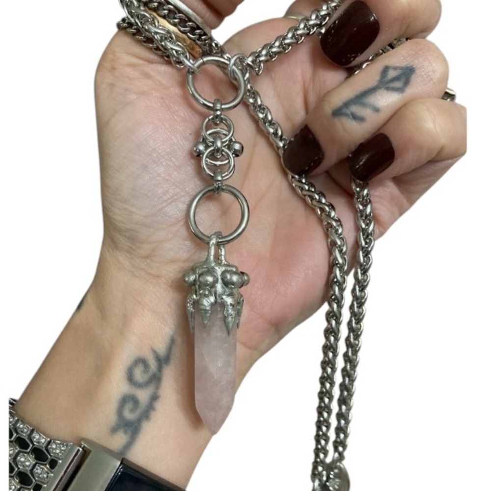Genuine rose quartz bullet stainless steel maille celtic knot lariat Y necklace - Picture 3 of 16